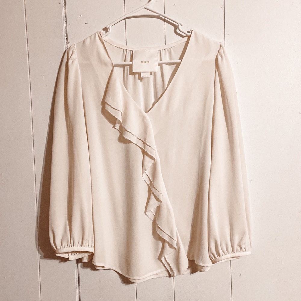Anthropologie Maeve 100% Silk White Ruffle Blouse